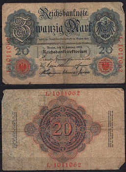 Германия 20 марок 1914 Pick 46b бумага 8592-30-2-2