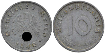 ГЕРМАНИЯ 10 РЕЙХСПФЕННИГОВ 1940 A KM 101, J. 371 цинк 4401-824