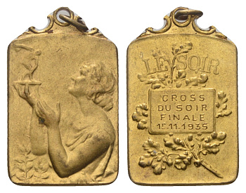 Бельгия спортивная медаль Le Soir за участие в забеге 1935 вес 11,1 гр, размер 37,5x23 мм алюминиевая бронза 1076-5-41