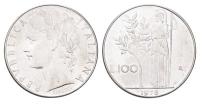 Италия 100 лир 1978 R, Афина в доспехах KM 96.1 нержавеющая сталь 4704-754