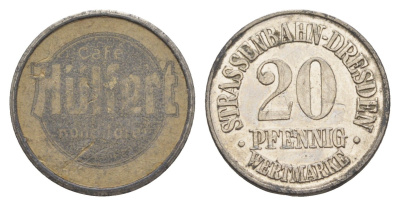 Дрезден трамвайный (транспортный) жетон в 20 пфеннигов ND H?lfert Men05 5719.1, Men18 7136.1 цинк и картон 4582-1051