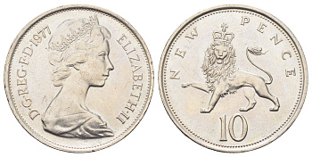 Великобритания 10 пенсов 1977 Елизавета II (1952-2022) KM 912, Spink 4231 (F1) медно-никель UNC 4698-1025