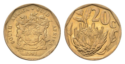 ЮАР 20 центов 1993 герб, цветок протея KM 136 сталь плакированная бронзой UNC 4694-828