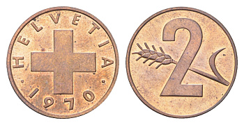 Швейцария 2 раппена 1970 KM 47 бронза UNC 4705-1216