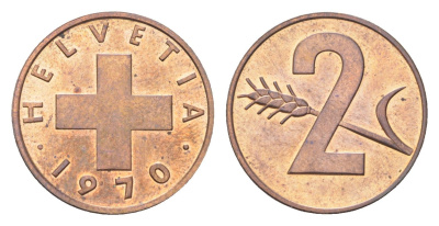 Швейцария 2 раппена 1970 KM 47 бронза UNC 4705-1216