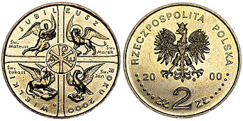 Польша 2 злотых 2000 MW, великий юбилей 2000, миллениум KM 376 нордик UNC 4153-1036