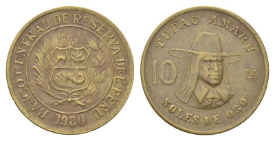 Перу 10 солей 1980 Тупак Амару II KM 272 латунь 4678-145