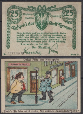 Нойруппин 25 пфеннигов 1921 DeNG 2 959.2-2/4 бумага UNC (пресс) 8612-37-2-1
