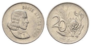 ЮАР 20 центов 1965 Ян ван Рибек (1619-1677), South Africa, легенда на английском, цветок протея KM 69.1 никель 4693-637