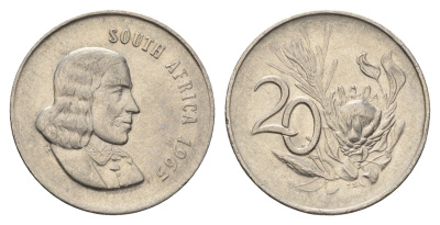 ЮАР 20 центов 1965 Ян ван Рибек (1619-1677), South Africa, легенда на английском, цветок протея KM 69.1 никель 4693-637