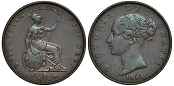Великобритания 1/2 пенни 1853 Виктория (1837-1901) KM 726, Spink 3949 медь 603-1331
