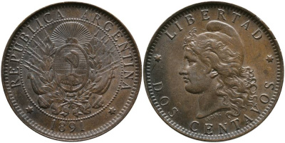 Аргентина 2 сентаво 1891 голова свободы влево KM 8 бронза 4531-1113