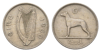 Ирландия 6 пенсов 1960 собака, ирландский волкодав KM 13a медно-никель 4696-524