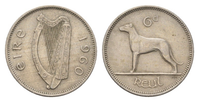 Ирландия 6 пенсов 1960 собака, ирландский волкодав KM 13a медно-никель 4696-524