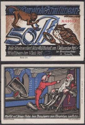 Кнайтлинген 50 пфеннигов 1921 Grabowski 710.2a-4/10 бумага UNC (пресс) 8602-41-1-2