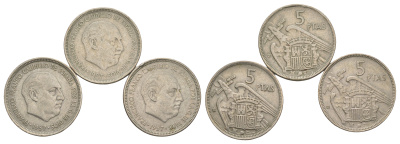 Испания лот из 3 монет (без повторов) 5 песета 1957 (58, 59 и 60) Франсиско Франко KM 786 медно-никель 4178-644-646