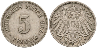 Германия 5 пфеннигов 1905 A KM 11, J. 12 медно-никель 4151-445