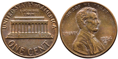 США 1 ЦЕНТ 1984 D, ЛИНКОЛЬН KM 201b цинк плакированный медью 4178-252