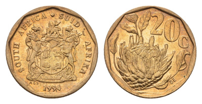 ЮАР 20 центов 1994 герб, цветок протея KM 136 сталь плакированная бронзой UNC 4694-835