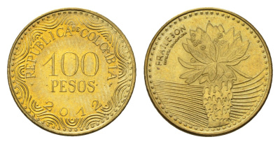 Колумбия 100 песо 2012 KM 296 сталь плакированная латунью UNC 4696-1259