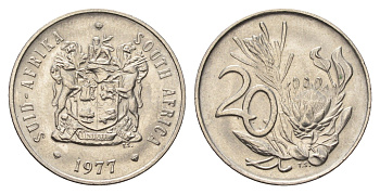 ЮАР 20 центов 1977 герб, цветок протея KM 86 никель UNC 4693-726