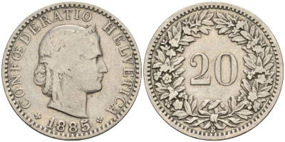 Швейцария 20 раппенов 1885 B KM 29 никель 4606-731