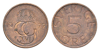Швеция 5 эре 1977 U, Карл XVI Густав (1973- ) KM 849 бронза 4702-1038