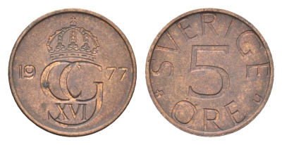 Швеция 5 эре 1977 U, Карл XVI Густав (1973- ) KM 849 бронза 4702-1038