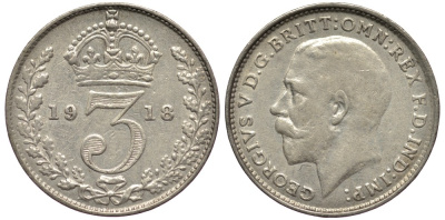 Великобритания 3 пенса 1918 Георг V (1910-1936) KM 813, Spink 4015 серебро 4528-461