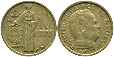 Монако 10 сантимов 1962 Ренье III (1949-2005) KM 142 алюминиевая бронза 4393-1237