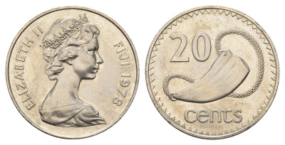 Фиджи 20 центов 1978 Елизавета II (1952-2022), китовый зуб KM 31 медно-никель UNC 4545-432