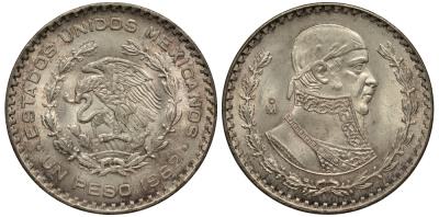 Мексика 1 песо 1962 Хосе Мария Морелос KM 459 серебро XF-UNC 107-1121