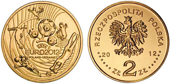 Польша 2 злотых 2012 чемпионат Европы по футболу, евро 2012, УЕФА, Польша-Украина KM 823 латунь UNC 4566-115
