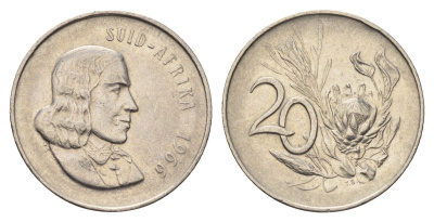 ЮАР 20 центов 1966 Ян ван Рибек (1619-1677), Suid Africa, легенда на африкаанс, цветок протея KM 69.2 никель 4693-655