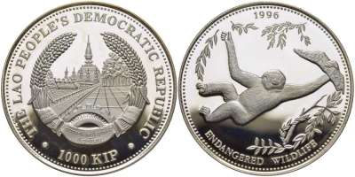 Лаос 1000 кипов 1996 серия защита природы, обезьяна гиббон KM 165 серебро PROOF 1078-7-53