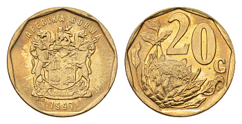 ЮАР 20 центов 1997 герб, цветок протея KM 162 сталь плакированная латунью UNC 4694-861