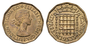Великобритания 3 пенса 1953 Елизавета II (1952-2022), год-тип KM 886, Spink 4152 никель латунь UNC 4691-632