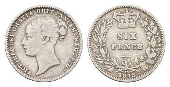 Великобритания 6 пенсов 1875 Виктория (1837-1901) KM 751.1, Spink 3910 серебро 603-1543