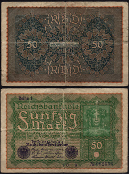 Германия 50 марок 1919 Pick 66 бумага 6293-9-2-2