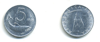 ИТАЛИЯ 5 ЛИР 1954 R, РУЛЬ, ДЕЛЬФИН KM 92 алюминий 54-446