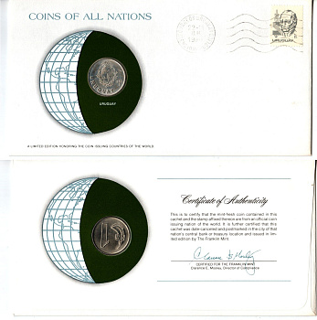 Уругвай 1 новый песо 1980 конверт с маркой первого дня гашения, Coins of Nations KM 74 медно никель UNC 4294-72-1