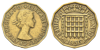Великобритания 3 пенса 1956 Елизавета II (1952-2022) KM 900, Spink 4153 никель латунь 4698-1023