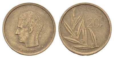 Бельгия 20 франков 1980 Belgique, Бодуэн I (1951-1993) KM 159 никель латунь 4704-1153