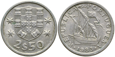 Португалия 2,5 эскудо 1983 парусник KM 590 медно-никель 4387-127