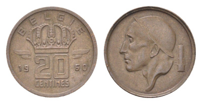 Бельгия 20 сантимов 1960 Belgie, Бодуэн I (1951-1993) KM 147.1 бронза 4705-218