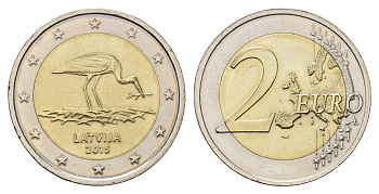 Латвия 2 евро 2015 Вымирающие виды - Чёрный аист KM 171 биметалл UNC 4693-1253