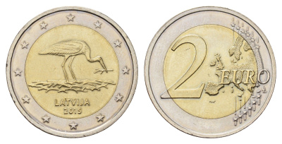 Латвия 2 евро 2015 Вымирающие виды - Чёрный аист KM 171 биметалл UNC 4693-1253