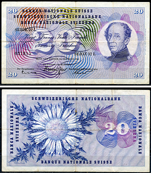 Швейцария 20 франков 1961 Гийом-Анри Дюфур, подписи Brenno Galli, R. Motta, Kunz Pick 46 i (2)  бумага   6266-50-2-2