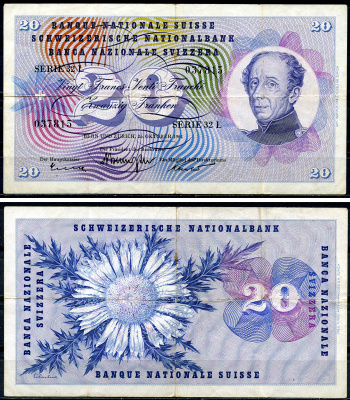 Швейцария 20 франков 1961 Гийом-Анри Дюфур, подписи Brenno Galli, R. Motta, Kunz Pick 46 i (2)  бумага   6266-50-2-2