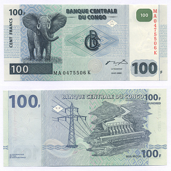 Конго 100 франков 2000 ГЭС, слон Pick 92 бумага UNC (пресс) 7222-54-2
